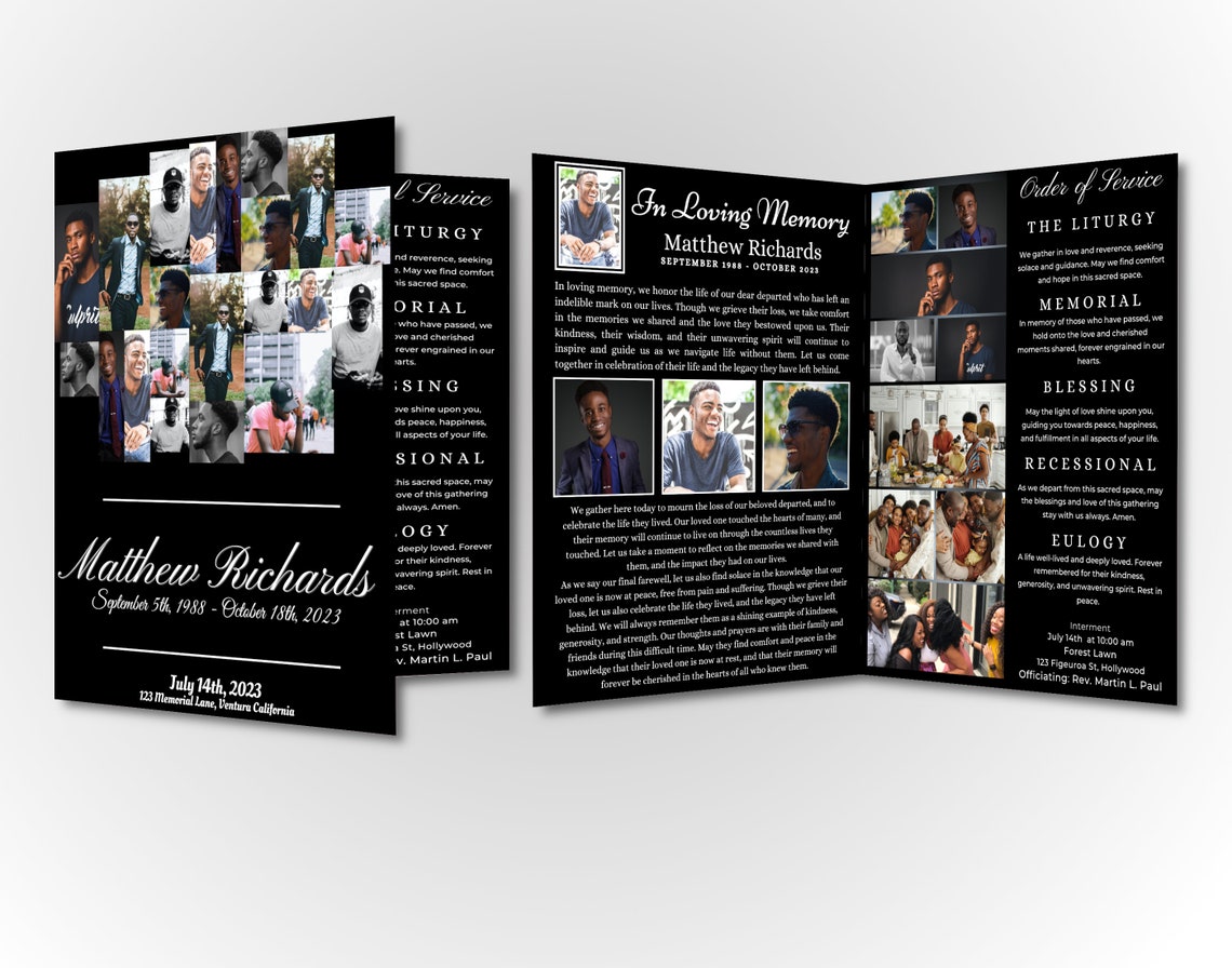 Funeral program template modern photo album collage fully self editable