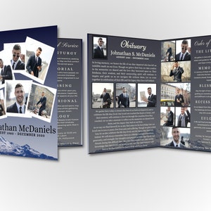 May include: A blue and white memorial service program with a photo collage of a man in a suit. The program includes the name Johnathan McDaniels, the dates August 1980 - December 2030, and the words "Obituary", "Order of Service", "The Liturgy", "Memorial", "Blessing", "Recessional", and "Eulogy".