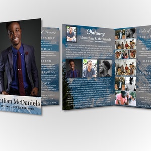 Editable Funeral Program Template | 4 Pages | Snowy Mountains & Blue Sky | Canva-Editable Design for a Memorable Tribute