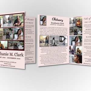 May include: A pink and brown tri-fold funeral programme with a photo collage of a woman on the front cover. The programme includes the woman's name, Stephanie M. Clark, and the dates August 1980 - December 2030. The programme also includes the order of service for the funeral, which includes the liturgy, memorial, blessing, recessional, and eulogy.