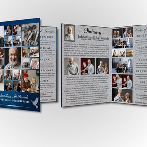 May include: A blue and gray funeral program with a collage of photos of the deceased on the front cover. The program includes an obituary, order of service, and eulogy. The text on the front cover reads "Johnathan McDaniels August 1980 - December 2020".