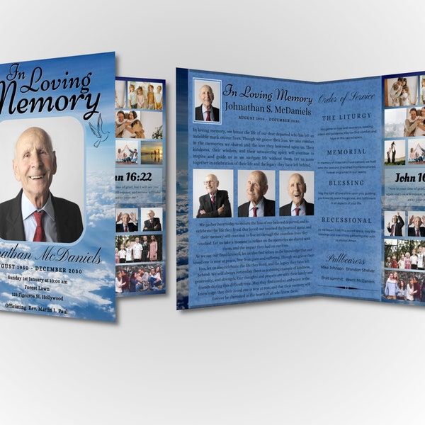 Funeral Program Bi-Fold Brochure Template - Self Editable using Canva - 17" x 11" print size / Folds to 8.5" x 11"