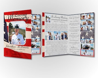 Patriotic Funeral Program Bi-Fold Brochure - American Flag Editable Template in Canva -  17" x 11" print size / Folds to 8.5" x 11"