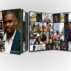 May include: A black and white photo collage of a man. The collage is in a photo album with a black cover. The man is smiling in most of the photos. The text "Jonathan McDaniels 1988 - December 2020" is at the bottom of the page.