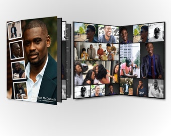 Puede incluir: Un collage de fotos en blanco y negro de un hombre. El collage está en un álbum de fotos con una cubierta negra. El hombre sonríe en la mayoría de las fotos. El texto "Jonathan McDaniels 1988 - diciembre 2020" está en la parte inferior de la página.