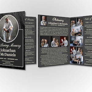 Modello di brochure funebre di 4 pagine per servizi commemorativi - Necrologio - Automodificabile in Canva - Dimensioni di stampa 17" x 11" / Piega a 8,5" x 11"