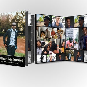 May include: A black and white photo album with a collage of photos of a young man. The cover of the album has the text "In Loving Memory" and "Johnathan McDaniels" with the dates "August 1980 - December 2020".