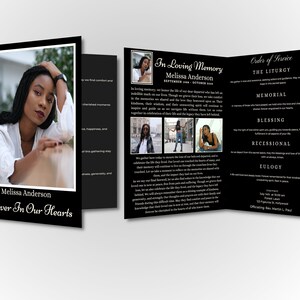 May include: A black and white funeral order of service with a photograph of a woman on the front cover. The order of service includes the liturgy, a memorial, a blessing, a recessional, and a eulogy. The text "In Loving Memory Melissa Anderson" is at the top of the order of service.