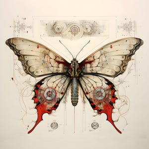 May include: A detailed illustration of a butterfly with intricate, mechanical wings. The wings are translucent and feature gears, cogs, and other mechanical elements. The butterfly is rendered in shades of gray, red, and white.