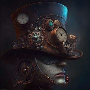 Puede incluir: Un sombrero de copa de estilo steampunk con engranajes intrincados, esferas de reloj y detalles metálicos. El sombrero lo lleva una persona con la cara parcialmente oculta.