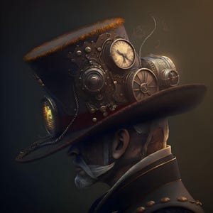 Puede incluir: Un sombrero de copa de estilo steampunk con engranajes intrincados, relojería y un acabado en latón. El sombrero tiene una ala negra y una corona de fieltro marrón con un ribete de piel.