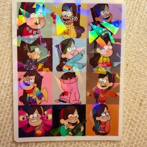 May include: A holographic sticker featuring nine different images of a cartoon character with brown hair and glasses. The character is wearing various outfits and expressions, set against a colorful grid background.