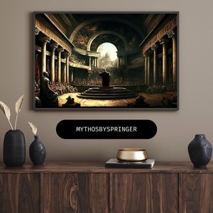 Könnte beinhalten: Gerahmtes Kunstwerk, das eine klassische römische Senatsszene mit einem Redner zeigt, der eine Menschenmenge anspricht. Das Bild zeigt detaillierte Architektur, Säulen und Figuren in einer warmen Farbpalette. Der Text "MYTHOSBYSPRINGER" wird auf einem schwarzen Balken angezeigt.