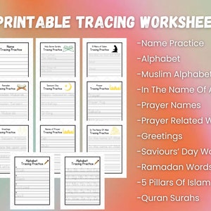 May include: Printable tracing worksheets for kids learning about Islamic culture and religion. The worksheets feature various Islamic symbols and words, including the alphabet, prayer names, and Ramadan words.