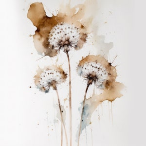 Dandelion flower watercolor #1 art, printable wildflower wall art, three dandelions digital paint, floral artwork, AI Art, fuzzy flora