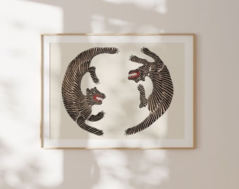 Vintage japanischer Tiger Print, minimalistische Wandkunst, Holzschnitt, Ukiyo E Art, Wand-Dekor, digitaler Download