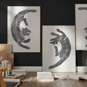 Conjunto japonés vintage de 2 grabados de tigre en blanco y negro, arte de pared minimalista, grabado en madera, arte Ukiyo E, decoración de pared, descarga digital