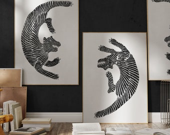 Vintage Japanese Set of 2 Tiger Prints in Black and White, Minimalist Wall Art, Woodblock Print, Ukiyo E Art, Wall Decor, Digital Download