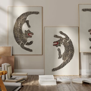 Vintage Japanese Set of 2 Tiger Prints, Minimalist Wall Art, Woodblock Print, Ukiyo E Art, Wall Decor, Digital Download