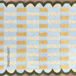 Scallop Blue & Green Tufted Rug, Matilda Goad plaid Gold with light sky blue Entryway Rug, Carpet For Bedroom Aesthetics, Living Room n Hall