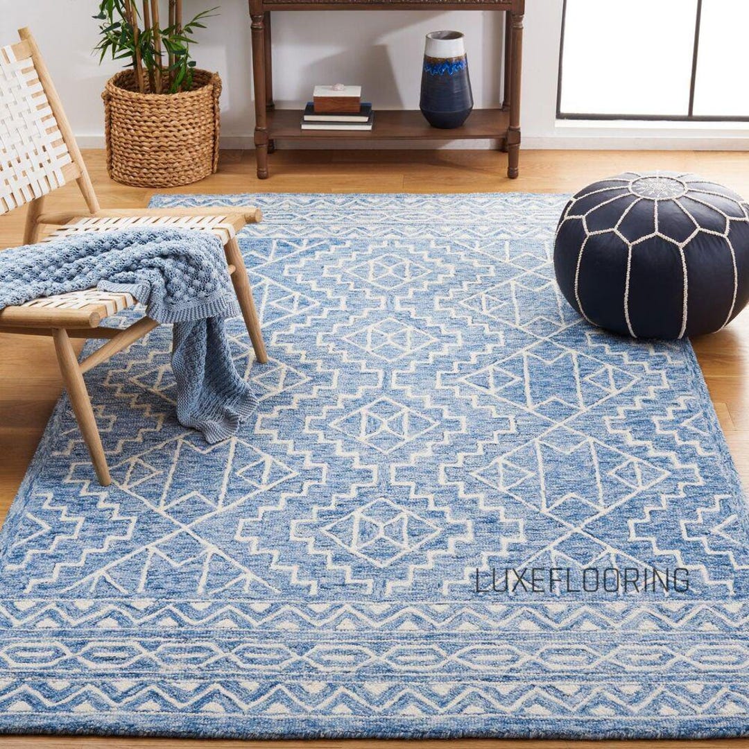 Blue Rug 8x10 Hand Tufted Blue Rugs for Living Room 5x8 Wool Tufted ...