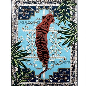 Hand Tufted Bengal Tiger Rug Multicolored Wool and Silk Large Area Rug Blue Tiger Anthro Design for Bedroom Living Room and Home Decor
