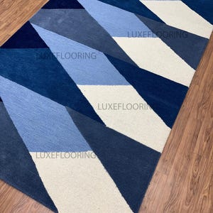 Modern Blue and White Rug – Hand-Tufted Wool Area Rug, Contemporary Abstract Carpet for Living Room, Bedroom, Office, Custom Sizes Available