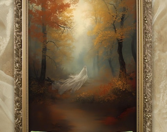 Puede incluir: Pintura de paisaje otoñal en un marco dorado ornamentado. La obra representa una escena de bosque brumoso con árboles en tonos naranja y amarillo. Una figura blanca y fluida aparece en el centro. El texto "PRINTED & SHIPPED" y "FRAME NOT INCLUDED" es visible.