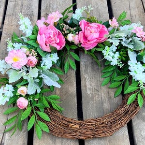 Wicker Wreath,  20 Inch Artificial Peony Wreath, Spring / Summer Door Wreath for Front Door,  All Season Wall Decor, Door Decor