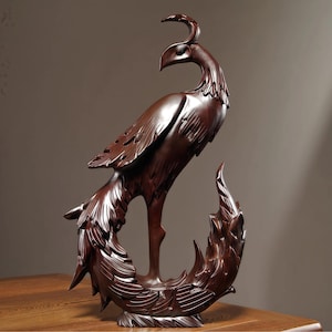 Massief ebbenhouten sculptuur, standbeeld Phoenix, handgemaakt, mythische wezens, woondecoratie