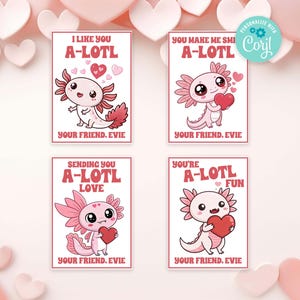 Axolotl Valentine&#39;s Day Cards for Kids, Printable Customize with Corjl  | Fast Easy Instant Download & Print Classroom Classroom Valentines