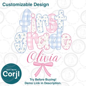 Custom Kids Name Back To School First Grade PNG | Corjl 1st Grade Shirt Template for Girls, First Day Of School Outfit | Transparent PNG
