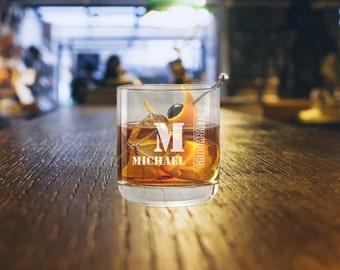 Personalized Laser Engraved 10oz Whiskey Glass with Initial Patterns