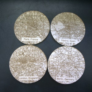 Round Map Coaster Custom Map Engraved Wood Coaster Set: Iconic Cities Edition - Etsy