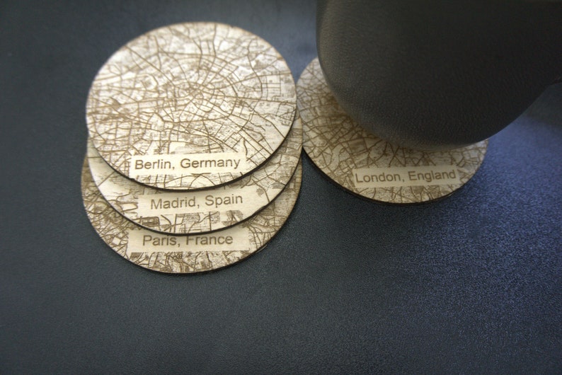 Round Map Coaster Custom Map Engraved Wood Coaster Set: Iconic Cities Edition - Etsy