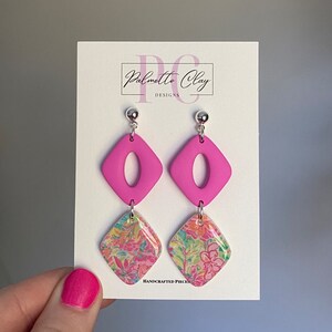 Clay earrings, lightweight, handmade, statement earrings, polymer clay, simple chic, jewelry, modern jewelry, dangle, pink, Lilly inspired