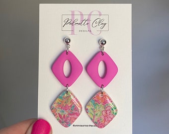 Clay earrings, lightweight, handmade, statement earrings, polymer clay, simple chic, jewelry, modern jewelry, dangle, pink, Lilly inspired