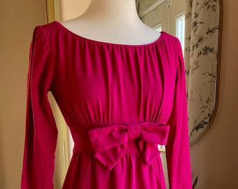Vintage 50s / 60s Magenta / Pink Sheath / Wiggle Dress with Bow, 3/4 Sleeve, I. Magnin | XS