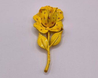 Vintage Vendome Yellow Painted Metal Rose With Rhinestones Brooch