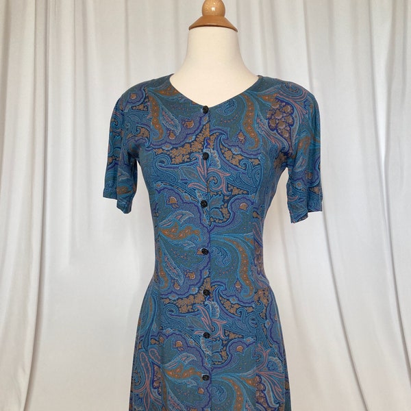 Vintage 1990s Short Blue Paisley Tie-Back Dress