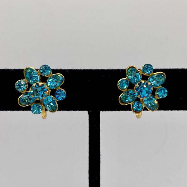 Vintage Coro Blue Rhinestone Earrings Gold-Toned Floral 1940s/1950s | Screw Back
