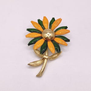 Mid-Century Orange and Green Enamel Flower Brooch | OS