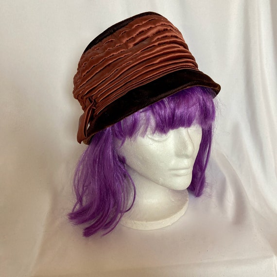 1960s Mod Rust Velvet and Satin High Crown Bucket… - image 1