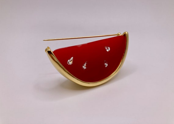Vintage Givenchy Red Watermelon Brooch / Pin Gold… - image 2