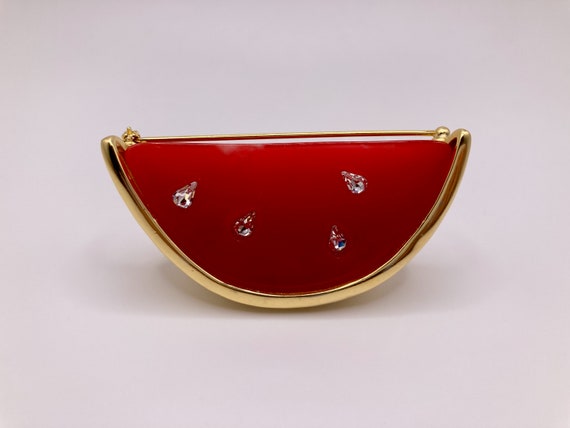 Vintage Givenchy Red Watermelon Brooch / Pin Gold… - image 4