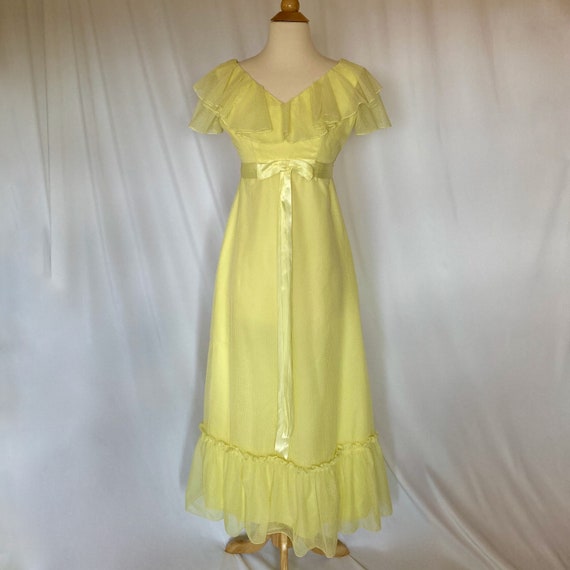 Vintage 1970s Yellow Polka Dot Flutter Sleeve Max… - image 1