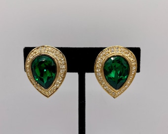 Vintage Faux Emerald and Diamond Gold-Toned Teardrop Earrings | 1980s