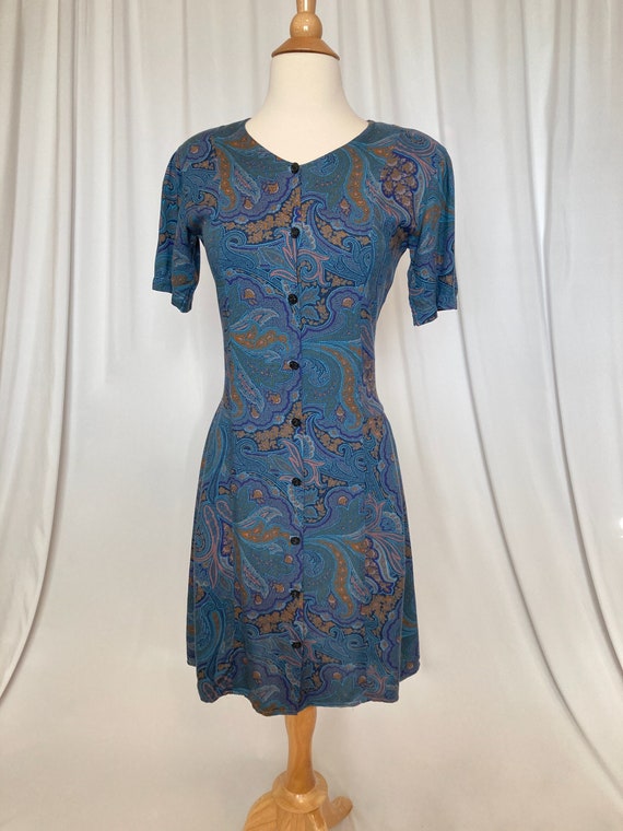 Vintage 1990s Short Blue Paisley Tie-Back Dress