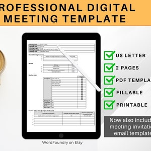 Plantilla profesional para notas de reuniones digitales: simplificada, editable e imprimible; ideal para negocios, conferencias y talleres.