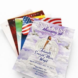 May include: A stack of memorial service programs with an image of a woman with angel wings, doves, and clouds. The programs have the text "In Loving Memory of Antoinette Emerald Marie Wright" and event details.